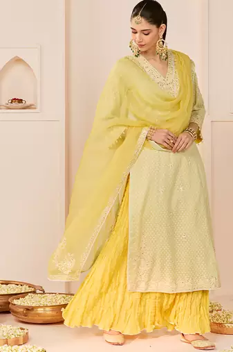 Mint green embroidered chanderi silk kurti set with skirt