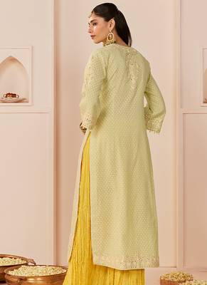 Mint green embroidered chanderi silk kurti set with skirt 2