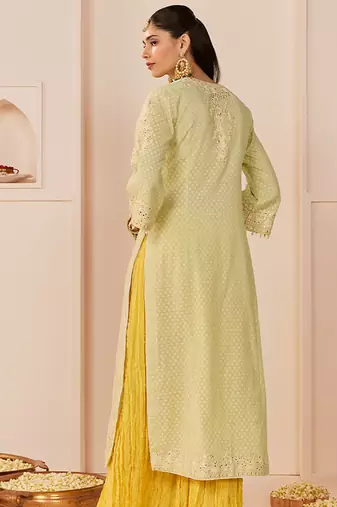 Mint green embroidered chanderi silk kurti set with skirt