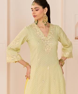 Mint green embroidered chanderi silk kurti set with skirt 3