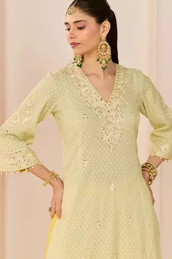 Mint green embroidered chanderi silk kurti set with skirt