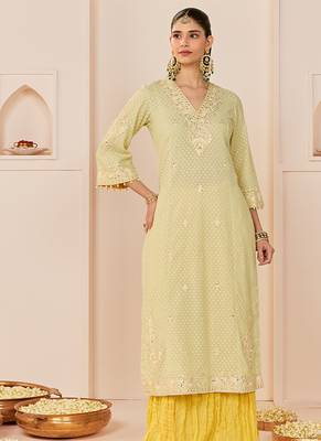 Mint green embroidered chanderi silk kurti set with skirt 4
