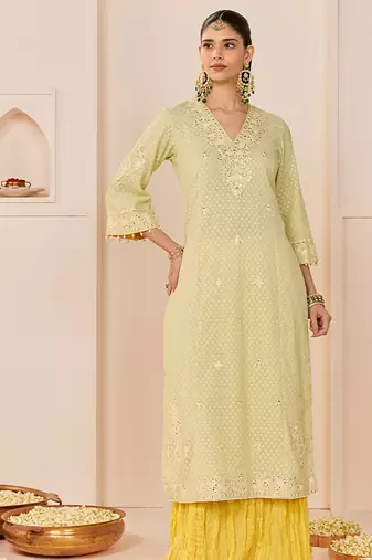 Mint green embroidered chanderi silk kurti set with skirt