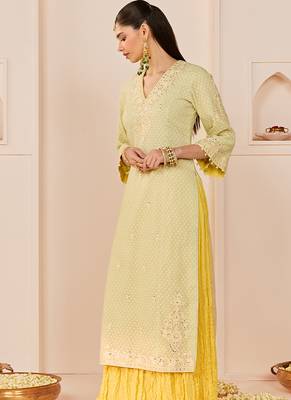 Mint green embroidered chanderi silk kurti set with skirt 5