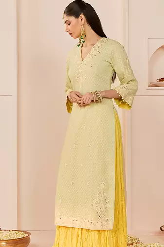 Mint green embroidered chanderi silk kurti set with skirt