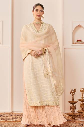 Daisy ivory embroidered chanderi silk kurti set with skirt