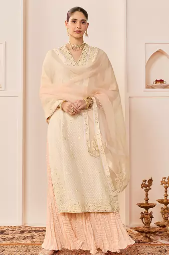 Daisy ivory embroidered chanderi silk kurti set with skirt