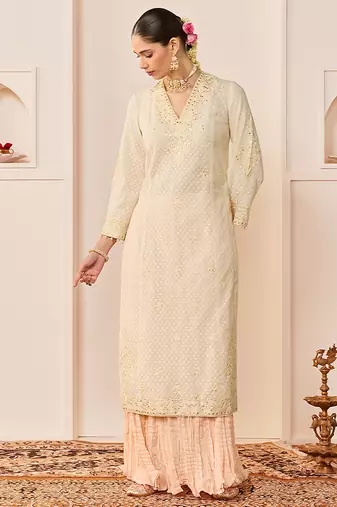 Daisy ivory embroidered chanderi silk kurti set with skirt
