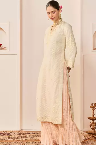 Daisy ivory embroidered chanderi silk kurti set with skirt