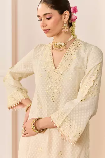 Daisy ivory embroidered chanderi silk kurti set with skirt