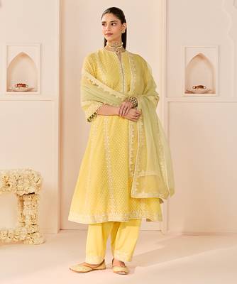 Lemon yellow embroidered chanderi silk choga kurti set 1