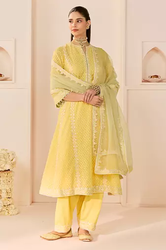 Lemon yellow embroidered chanderi silk choga kurti set