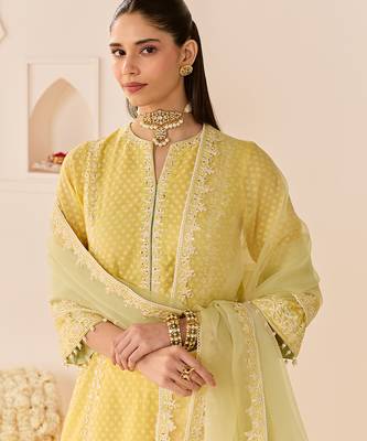 Lemon yellow embroidered chanderi silk choga kurti set 2