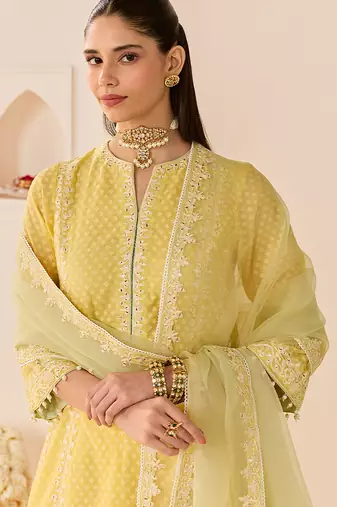 Lemon yellow embroidered chanderi silk choga kurti set
