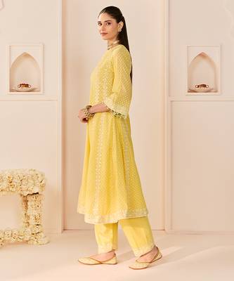 Lemon yellow embroidered chanderi silk choga kurti set 3