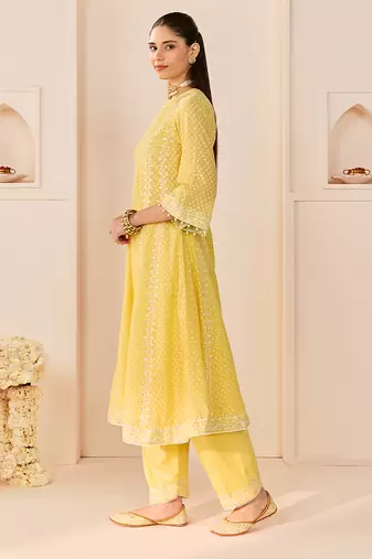 Lemon yellow embroidered chanderi silk choga kurti set