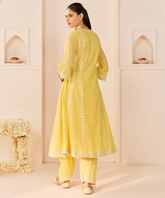 Lemon yellow embroidered chanderi silk choga kurti set 4