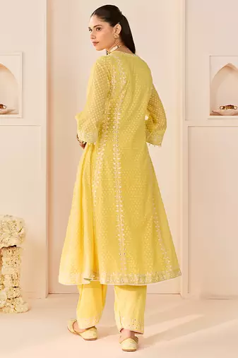Lemon yellow embroidered chanderi silk choga kurti set