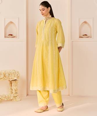 Lemon yellow embroidered chanderi silk choga kurti set 5