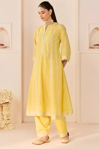 Lemon yellow embroidered chanderi silk choga kurti set