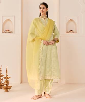 Mint green embroidered chanderi silk choga kurta set 1