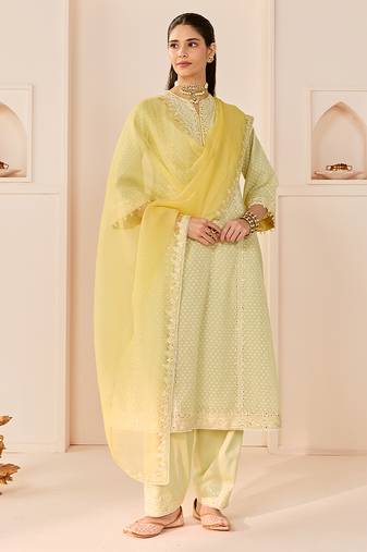 Mint green embroidered chanderi silk choga kurta set