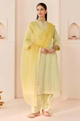 Mint green embroidered chanderi silk choga kurta set