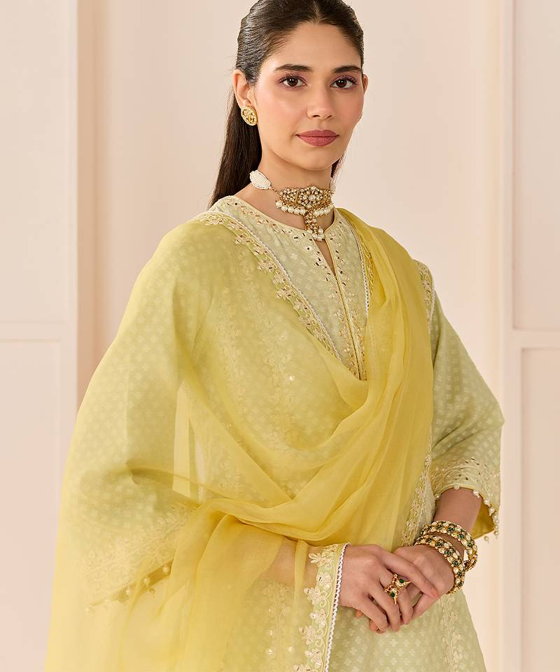 Mint green embroidered chanderi silk choga kurta set