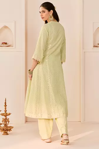 Mint green embroidered chanderi silk choga kurta set