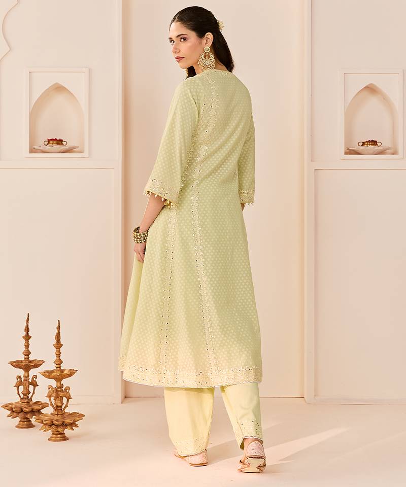 Mint green embroidered chanderi silk choga kurta set