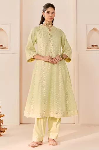 Mint green embroidered chanderi silk choga kurta set