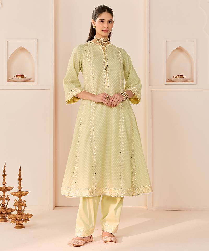 Mint green embroidered chanderi silk choga kurta set