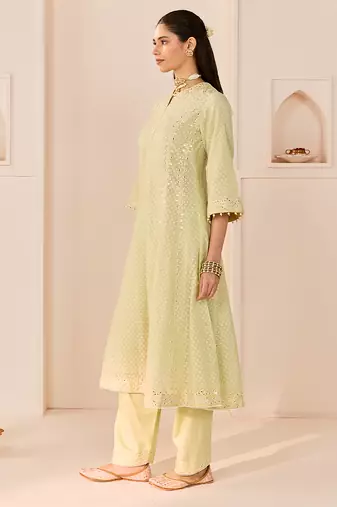 Mint green embroidered chanderi silk choga kurta set