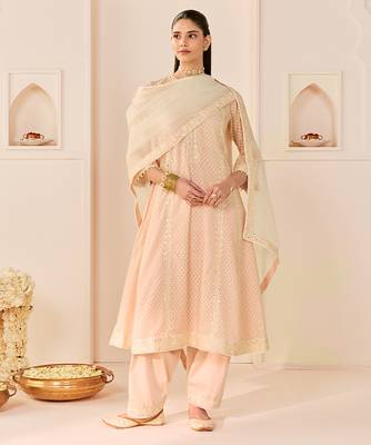 Carnation pink embroidered chanderi silk choga kurta set 1