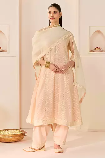 Carnation pink embroidered chanderi silk choga kurta set