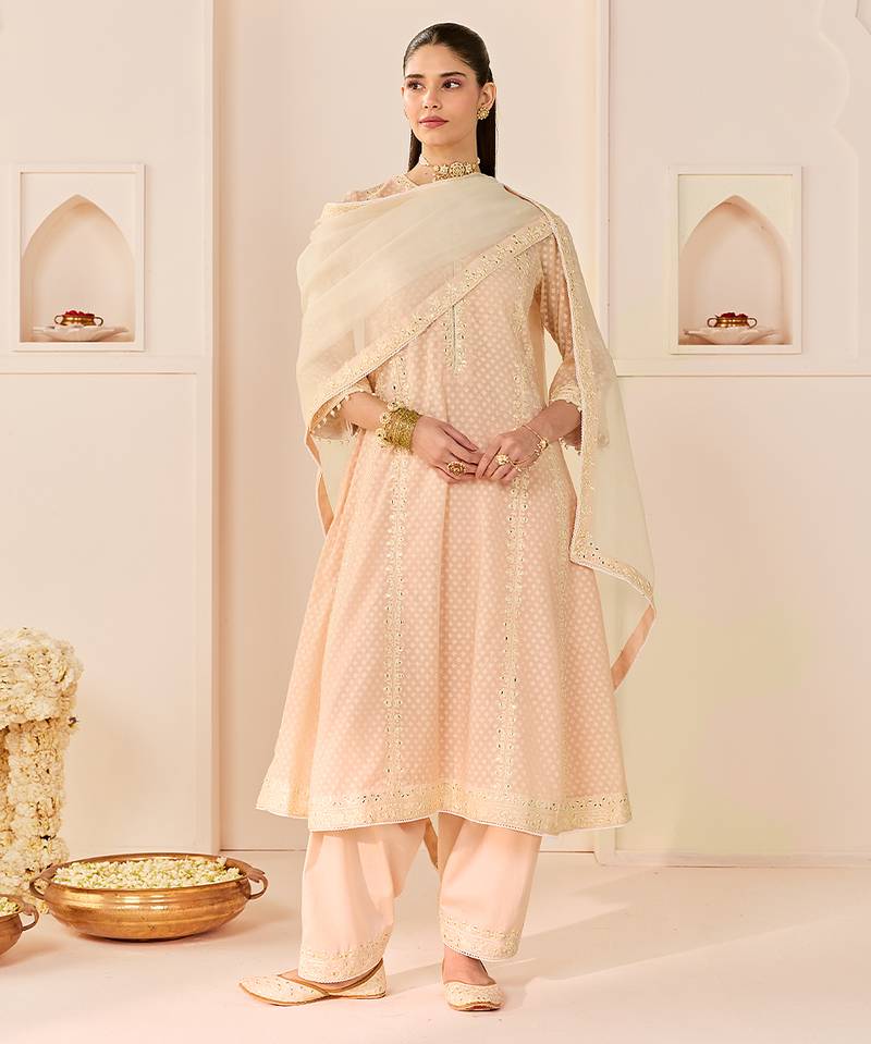 Carnation pink embroidered chanderi silk choga kurta set