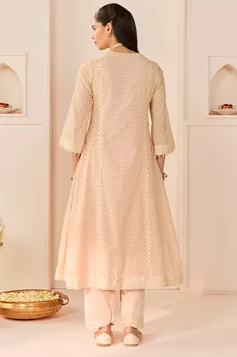 Carnation pink embroidered chanderi silk choga kurta set