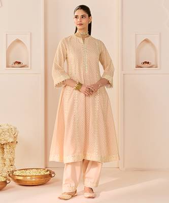 Carnation pink embroidered chanderi silk choga kurta set 3