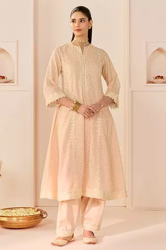 Carnation pink embroidered chanderi silk choga kurta set