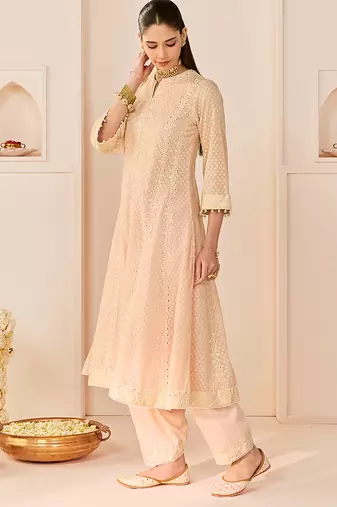 Carnation pink embroidered chanderi silk choga kurta set