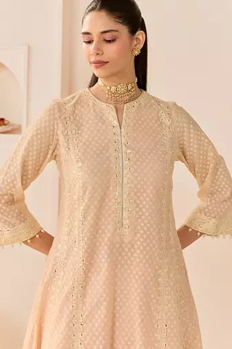 Carnation pink embroidered chanderi silk choga kurta set