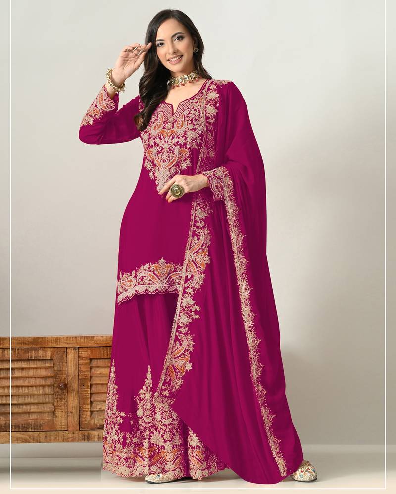 Rani pink embroidered chinon sharara salwar suit
