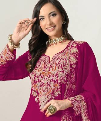 Rani pink embroidered chinon sharara salwar suit 2