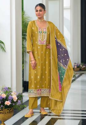 Mustard embroidered chiffon pakistani suit 1