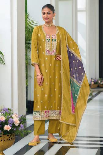 Mustard embroidered chiffon pakistani suit