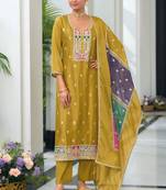 Mustard embroidered chiffon pakistani suit