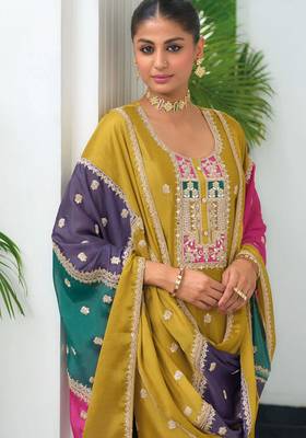 Mustard embroidered chiffon pakistani suit 2