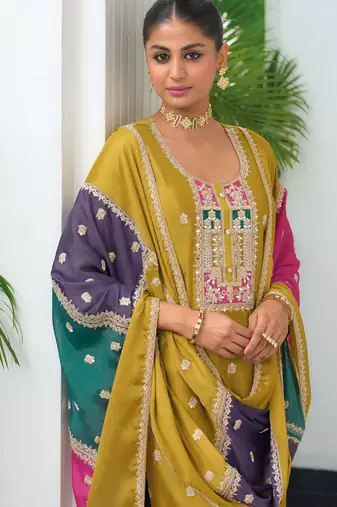 Mustard embroidered chiffon pakistani suit
