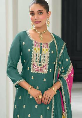 Sea Green embroidered chiffon pakistani suit 2