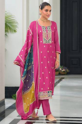 Pink embroidered chiffon pakistani suit